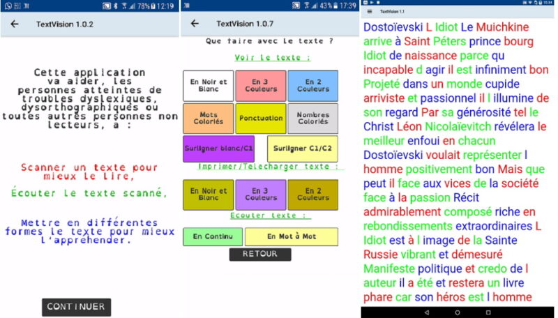 Captures d’image de l’application d’aide à la lecture TextVision